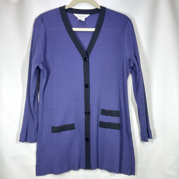 Misook Women Sz M Purple Ribbed Long Sleeve Button Front Cardigan Black Trim - Picture 11 of 11
